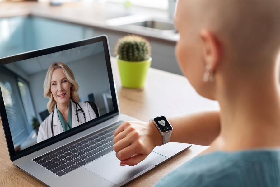 Krebspatientin und &Auml;rztin tauschen sich per Laptop in einer Video-Sprechstunde aus (Bild mit KI generiert)