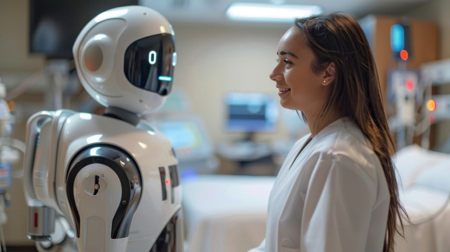 Menschen&auml;hnlicher Roboter und weibliche medizinische Fachkraft stehen sich in Krankenhausumgebung gegen&uuml;ber (Bild mit KI generiert)