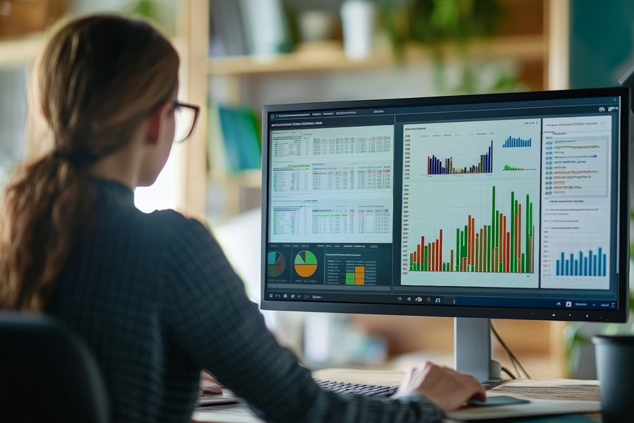 Eine junge Frau sitzt vor einem gro&szlig;en Bildschirm, auf dem unterschiedliche Diagramme angezeigt werden.