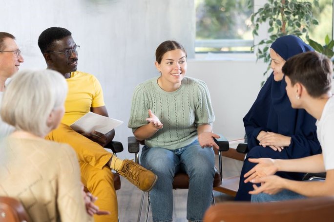 Sechs Personen verschiedenen Alters, Geschlechts und Herkunft sitzen auf Stühlen im Kreis und diskutieren angeregt.