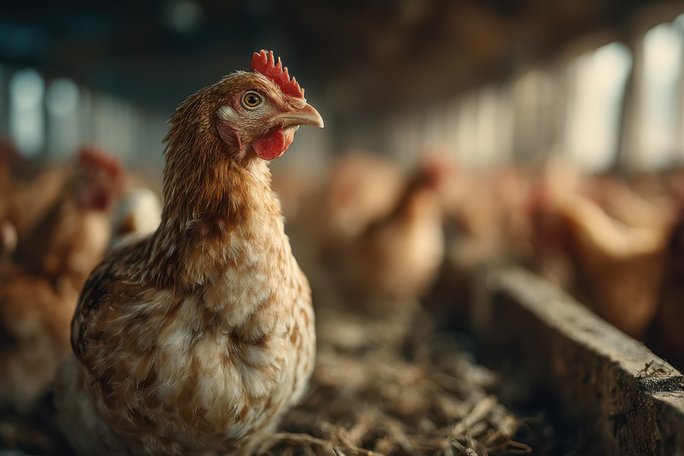 Hühnerstall, ein Huhn im Vordergrund, viele weitere verschwommen im Hintergrund
