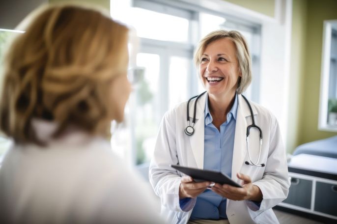 Eine Ärztin mit einem Stethoskop um den Hals und einem Tablet in der Hand unterhält sich mit einer Patientin.
