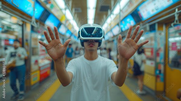 Ein junger Mann mit einer VR-Brille steht mit erhobenen Händen in einer U-Bahn. Ein junger Mann mit einer VR-Brille steht mit erhobenen Händen in einer U-Bahn.