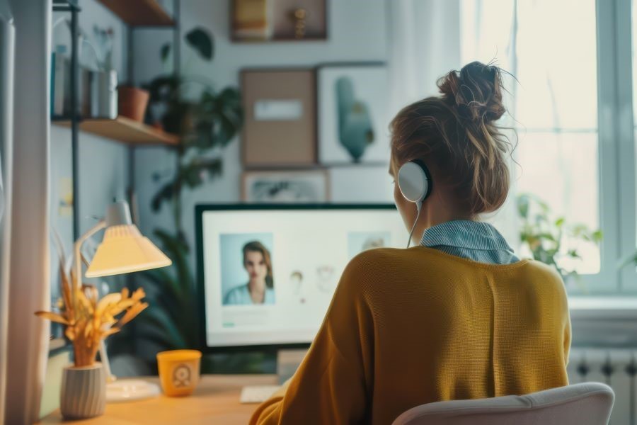 Eine junge Frau sitzt vor dem Computer und schaut auf einen Avatar. Eine junge Frau sitzt vor dem Computer und schaut auf einen Avatar.
