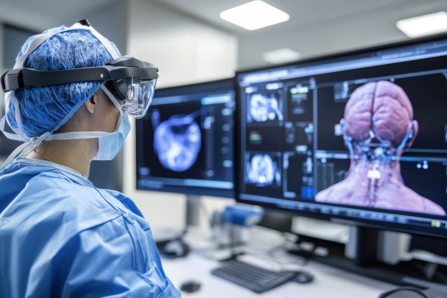 Person bekleidet mit Haarnetz, medizinischer Atemmaske, blauem Kittel und VR-Brille blickt auf Bildschirm mit einer 3D-Darstellung des Gehirns