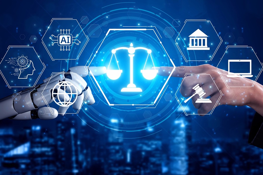 Eine menschliche und eine Roboter-Hand zeigen auf Waagschalen, wie sie gegeneinander abgewogen werden. 