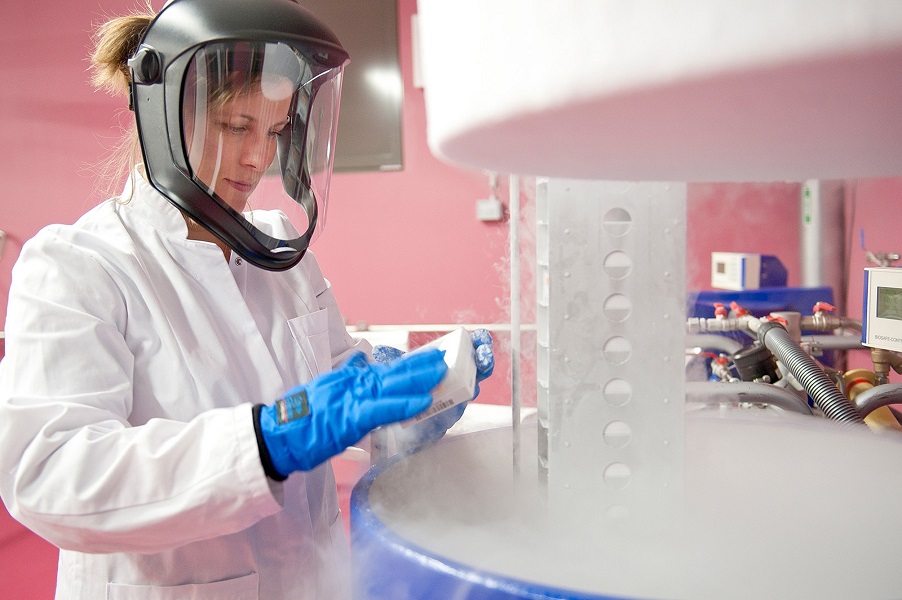 Forscherin nimmt Probe aus Kühlbehälter