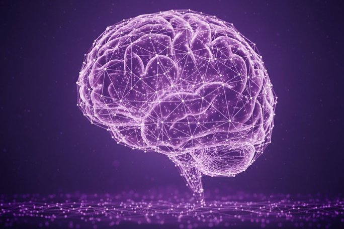 Auf einer Computergrafik ist in Seitenansicht ein violett leuchtendes Gehirn zu sehen, in seinem Innern sind Punkte miteinander vernetzt.