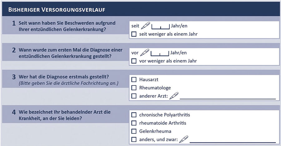Auszug aus einem Fragebogen zum Versorgungsverlauf. Es werden Fragen gestellt wie „Seit wann haben Sie Beschwerden aufgrund Ihrer entzündlichen Gelenkerkrankung?“. Es gibt Antwortoptionen zum Ankreuzen.