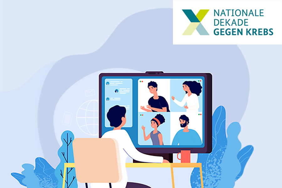 Grafische Darstellung einer Forscherin oder eines Forschers, der in einer Videokonferenz mit anderen Menschen spricht. 