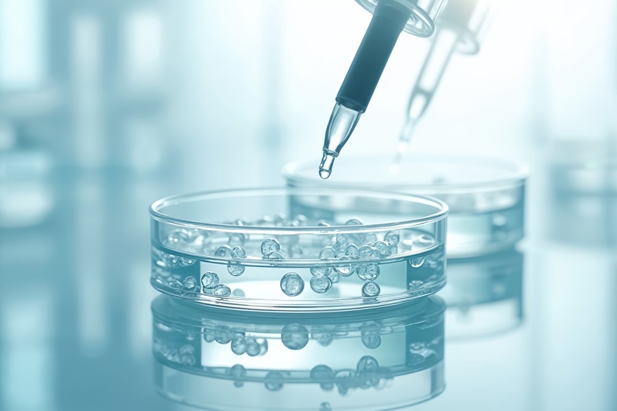 Mit KI generierte Darstellung kleiner kugelf&ouml;rmiger Zellgebilde, die mit einer Pipette in eine Petrischale eingebracht werden. 