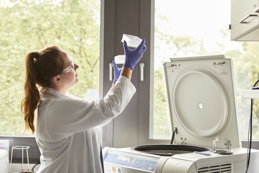 Mitarbeiterin im Labor führt eine Blutuntersuchung durch Mitarbeiterin im Labor führt eine Blutuntersuchung durch
