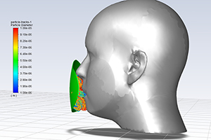 Grafische Darstellung eines Kopfes (rechts im Bild). Links zeigt eine bunte Skala an, wie sich Aerosole zum Beispiel beim Husten ausbreiten