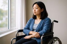 Eine junge Frau sitz in in einem Rollstuhl vor einem Fenster und schaut hinaus