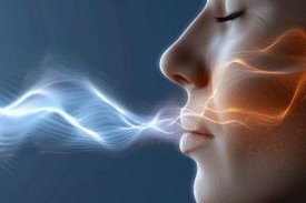 Weibliches Gesicht im Profil mit schematischer Darstellung von Gerüchen unterhalb der Nase (KI generiert)
