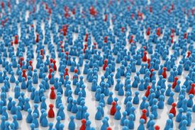 Eine Vielzahl blaue und einige wenige rote Spielfiguren