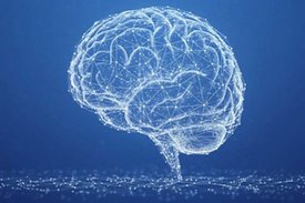 Virtuelle Datenwolke in der Form eines Gehirns, KI-generiertes Bild