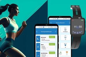 Grafische Darstellung: Läuferin,Handy-Displays mit Bewegungs-App, Handgelenk-Sensor in Form einer Uhr
