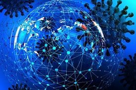 Grafik Weltkugel und Coronaviren