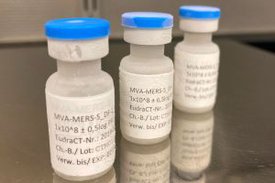 Drei gekühlte Fläschchen mit dem Impfstoff MVA-MERS-S.