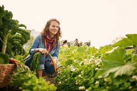 Junge Frau hockt in einem Gemüsebeet