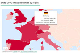 Nutzeroberfläche der CoVerage-Website zeigt die SARS-CoV-2-Entwicklung in Regionen.