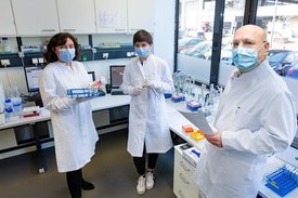 Professorin Dr. Britta Eiz-Vesper, Dr. Agnes Bonifacius und Professor Dr. Rainer Blasczyk in einem Labor des MHH-Instituts für Transfusionsmedizin und Transplantat Engineering