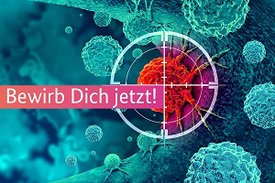 Bewirb Dich jetzt - Text vor einem bearbeiteten Mikroskopbild