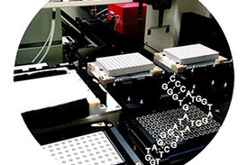 Im Vordergrund die Sekudärstruktur des Aptamers. Im Hintergrund ist die automatisierte SELEX-Plattform im LIMES-Institut der Universität Bonn zu sehen.